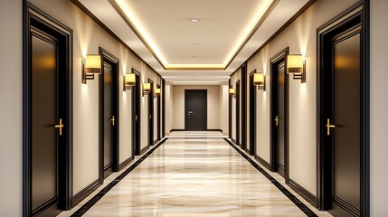  Luxurious hotel corridor, doors, lighting, marble floor, interior design