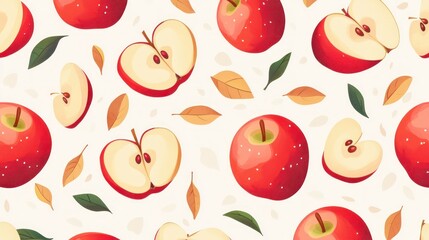  Red apple slices and leaves seamless pattern