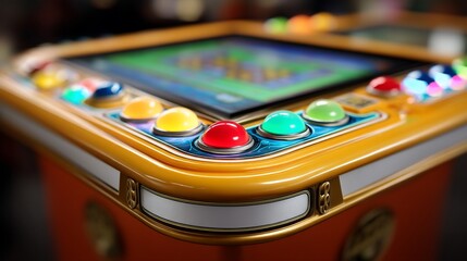 Colorful arcade game cabinet with illuminated buttons and screen