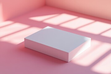 Poster - A minimalist white box sits on a soft pink background, casting delicate shadows that enhance the modern aesthetic. Ideal for branding and presentation.