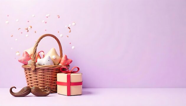  Happy Father’s Day decoration background with basket, a gift box, and mustaches, illustration banner created with generative ai.