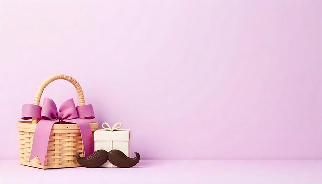  Happy Father’s Day decoration background with basket, a gift box, and mustaches, illustration banner created with generative ai.