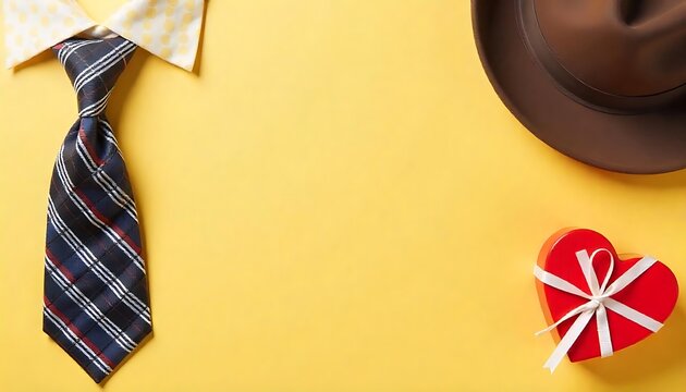 Happy Father's Day background concept with tie and mustache, hat, gift box, red heart on pastel yellow background created with generative ai.