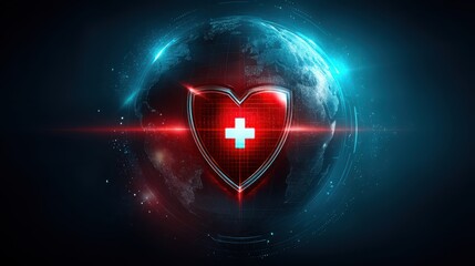 Poster - Heart Symbol with Medical Cross Overlaying a Global Background Representing Healthcare and Wellness