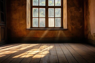 Poster - A serene view of sunlight streaming through a vintage window, casting beautiful shadows on a rustic wooden floor, creating a warm and inviting atmosphere.