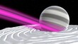 A surreal planet scape featuring a striped globe illuminated by vibrant light beams