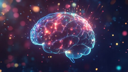 Poster - This striking digital representation of a brain showcases vibrant colors and sparkles, symbolizing creativity and the power of cognitive function in a futuristic context.