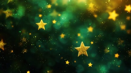 Poster - A mesmerizing scene featuring golden stars scattered across a colorful abstract background. The sparkling bokeh effect adds depth and magic, perfect for festive themes.