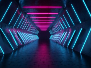 Fototapete - Futuristic data tunnel composed entirely of glowing laser strands in acid green and violet, forming complex algorithmic patterns that seem to respond to movement