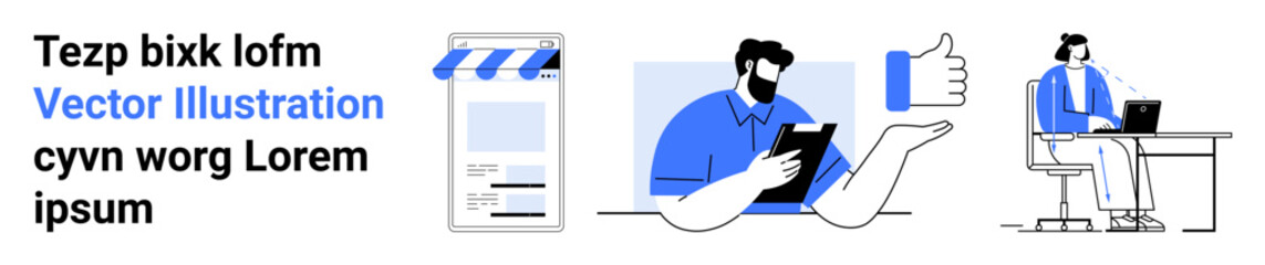 Poster - digital storefront with a striped awning, male figure interacting with a tablet, thumbs-up gesture, 