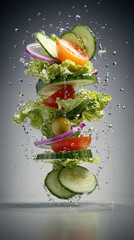 Poster - Fresh salad ingredients including lettuce, cucumber, tomato, red onion, and olive are flying in midair with water splashes, creating vibrant and refreshing healthy food concept