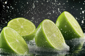 Poster - Fresh limes in water, splashing with bubbles, vibrant green citrus fruit, juicy and refreshing, close up, healthy and natural, summer mood