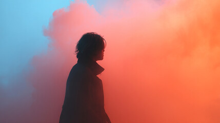 Poster - Silhouette man portrait against colorful smoke background digital art wallpaper aesthetic design