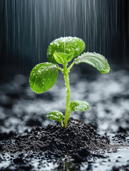 Poster - Young green plant seedling with water droplets on leaves growing in moist soil under gentle rain, symbolizing growth, freshness, and new beginnings in nature