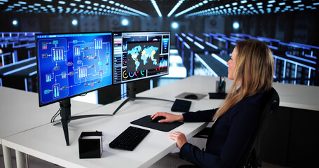 Fototapete - Woman Wearing A Helmet Using Scada System