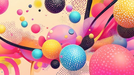 Poster - Futuristic pop art pattern with shiny gradient spheres and vibrant dotted design