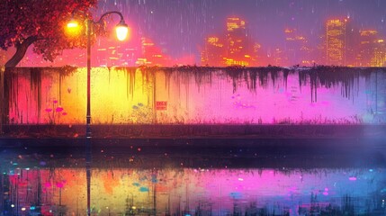 Poster - Moody city night scene with glowing neon wall and shimmering street reflections