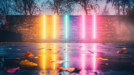 Poster - Vivid neon light beams casting reflections on wet ground, glowing brick wall in background