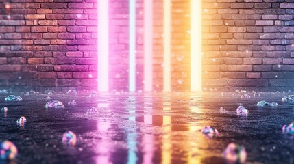 Poster - Vivid neon light beams casting reflections on wet ground, glowing brick wall in background