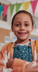 Poster - Face, smile and child in school for learning, education or youth development. Portrait, happy girl and confident kid in class with arms crossed for growth, scholarship or elementary student in Spain