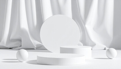 Wall Mural - 3d studio display showroom product pedestal, fashion stage showcase mockup scene. 3d white round pod