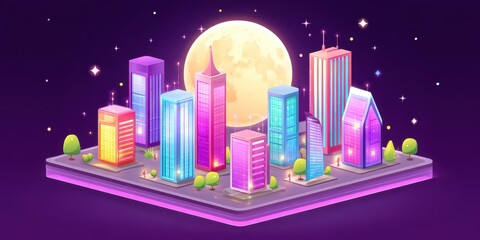 Wall Mural - A vibrant, digital city skyline at night, illuminated by colorful skyscrapers and a large full moon in a starry sky.