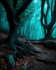 Wall Mural - A mystical forest scene featuring tall trees with intricate roots, shrouded in fog and illuminated by a soft blue light.