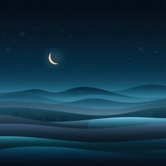 Wall Mural - a serene night landscape featuring rolling hills under a starry sky, illuminated by a crescent moon,
