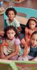 Aufkleber - Learning, book and kids on floor of classroom for child development, education and reading. Academy, knowledge and future with group of students at school for study, literacy lesson and youth