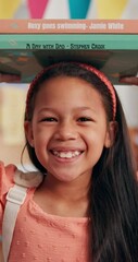 Poster - Face, child and books on head in classroom for education development, knowledge or ready for learning. Balance, girl student or happy with textbooks at school for language study, literature or growth