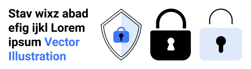 Shield with a lock in the center and two padlocks. Ideal for cybersecurity, data protection, online security, privacy, authentication, encryption, flat landing page banner