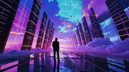 Aufkleber - Vibrant sci-fi scene with synthwave styled towers in breathtaking perspective. Futuristic cyberpunk city in blue and purple colors