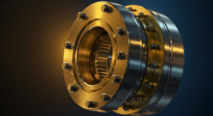 Poster - Close Up of Gold and Silver Industrial Metal Gears and Cogs with Screws on Blue Background