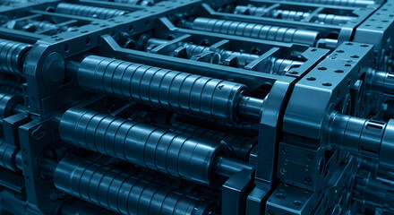Poster - Complex Blue Metallic Mechanism Structure with Cylinders and Gears in Close Up Detailed View