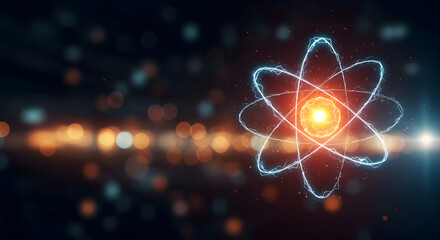 Poster - Glowing Abstract Atom Model with Orange and Blue Energy on a Blurred Background