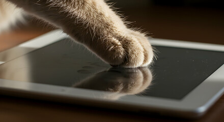 Cute cat paw touching tablet screen exploring digital world adorable pet using technology feline friend browsing internet