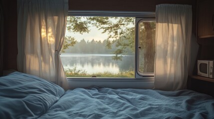 Poster - Soft light pouring through camper window onto an empty bed, with lakeside trees and water seen just beyond the curtains