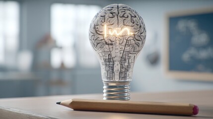 Poster - Creative light bulb with pencil illustrating the connection between ideas and structured business planning concepts