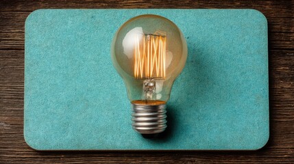 Poster - Bright light bulb resting on a blue coaster representing innovative ideas and creative thinking processes in action