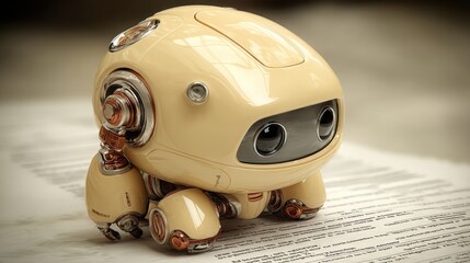 Poster - Charming robot toy positioned on a sheet of paper representing the concept of ai coaching for investor pitch training