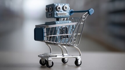 Poster - Robot sitting in a shopping cart representing the future of retail and artificial intelligence in customer experience