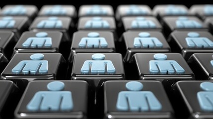 Poster - Computer keyboard surrounded by blue figurines representing portable verification in blockchain-based work history concept