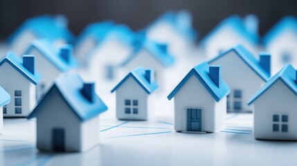 Poster - a row of houses with blue roofs depicting the future of blockchain real estate and decentralized hou