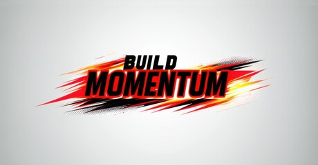 Aufkleber - Dynamic graphic displays text BUILD MOMENTUM. Bold lettering contrasts with energetic red, black streaks. White background emphasizes vibrant design. Positive message, strong visual impact.