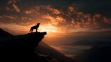 wolf standing sentinel on a narrow stone ledge, its shadow stretching across the canyon walls as the sun dips below the horizon