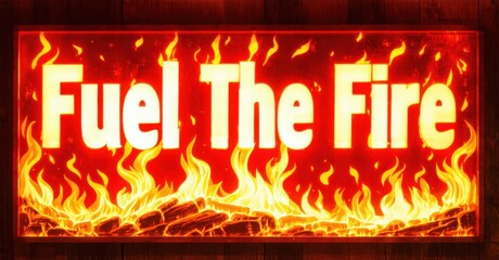 Fototapete - Bright neon sign displays text over flames. Red, orange hues dominate image. Dramatic lighting creates intense visual impact.
