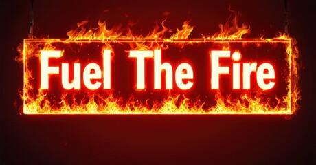 Fototapete - Bright sign displays text Fuel The Fire surrounded by intense flames. Red background emphasizes fiery theme. Dramatic lighting creates impact.