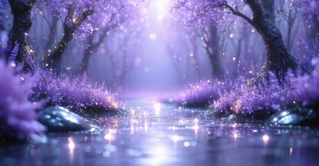 Aufkleber - Magical forest scene. Purple hues dominate landscape, water reflects light. Blossoms frame path, creating ethereal mood.