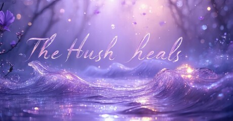 Aufkleber - Mystical water scene. Purple hues dominate, creating serene atmosphere. Text The Hush heals floats above waves. Blossoms add delicate touch.
