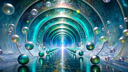Wall Mural - Mesmerizing tunnel journey through a cosmic wonderland of floating orbs and swirling nebulae.